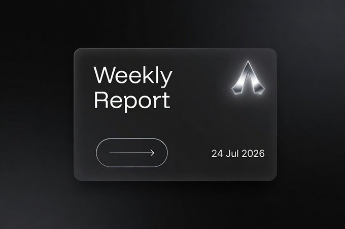 A sleek dark-themed graphic titled "Weekly Report" dated "24 Jul 2026" features the Areum logo and a button, serving as the visual cover for the accompanying post detailing Areum Network's weekly metrics, including 25.4 million transactions, active validators, and staking statistics.