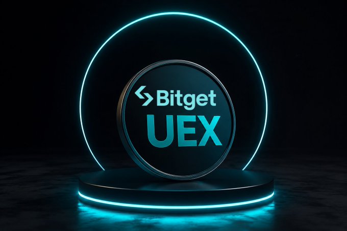 A glowing teal circular emblem displaying the "Bitget" logo alongside "UEX" stands on a neon-lit podium against a dark background. The sleek, futuristic design reflects Bitget's continuous innovation in stock trading, as highlighted by the post celebrating their latest advancements in tokenized stocks, Pre-IPO access, and pioneering stock options offerings.