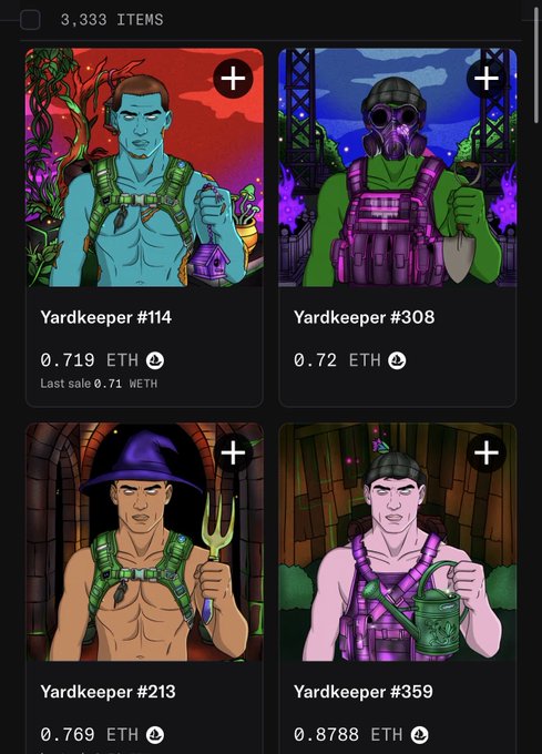 The image shows a marketplace displaying four "Yardkeeper" NFTs priced between 0.719-0.8788 ETH, featuring crudely illustrated shirtless male characters in various outfits (including a gas mask, wizard hat, and party hat) holding gardening tools like watering cans and pitchforks. This relates to the post criticizing the $YARD NFT project for its low-quality artwork, with the visible yardwork-themed characters holding basic gardening tools exemplifying the "worst NFT art" the poster is mocking.