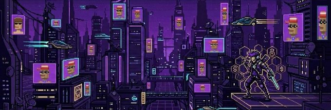 A neon pixel art scene of a cyberpunk cityscape with floating screens displaying characters wearing hats, a figure with a sword, and futuristic vehicles against a purple sky.
