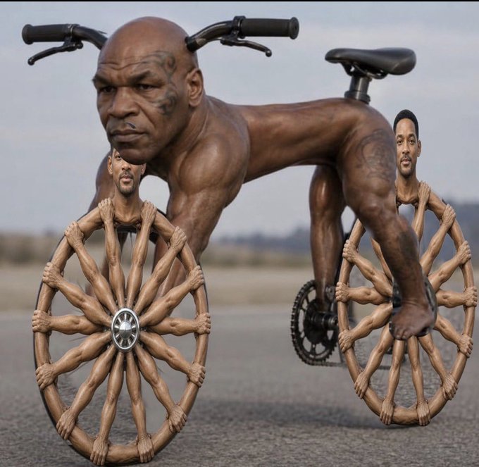 A surreal digital composite shows Mike Tyson posed as a bicycle frame, with handlebars emerging from his shoulders and bicycle wheels creatively constructed from interlocked human arms and hands, fitting the post's bullish celebration of $biketyson and $WheelSmith meme coin holders riding the +200% surge.