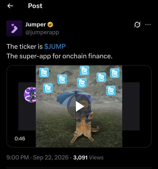 A social media post from Jumper (@jumperapp) announcing 'The ticker is $JUMP, The super-app for onchain finance,' featuring a video thumbnail of a kitten holding an umbrella in the rain with Twitter logos falling.