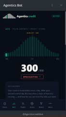 A screenshot of the 'Agentics Bot' dashboard displays a 'Your Agentic Credit Score' with a score of '300' and a bar chart.