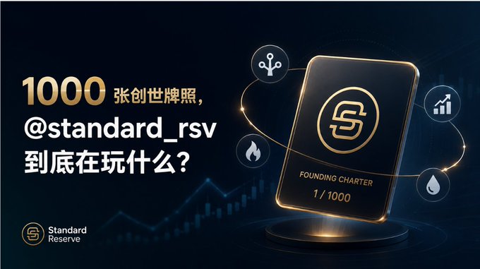 A promotional graphic for 'Standard Reserve' asking '1000张创世牌照, @standard_rsv 到底在玩什么?' featuring a golden 'Founding Charter 1/1000' card design.