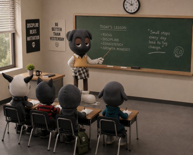 A 3D-rendered classroom scene featuring plush toy characters, where a dog teacher points to a chalkboard listing 'TODAY'S LESSON: FOCUS, DISCIPLINE, CONSISTENCY, GROWTH MINDSET' alongside motivational quotes about discipline and consistent effort.
