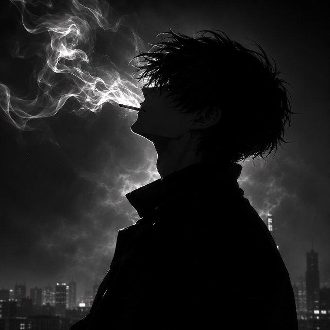 A black and white silhouette of a young man smoking a cigarette, with smoke rising against a cloudy sky and a city skyline below.