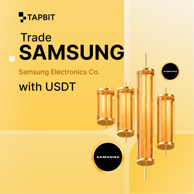 An advertisement graphic with yellow background reads 'TAPBIT Trade SAMSUNG Samsung Electronics Co. with USDT' alongside Samsung logos and gold cylindrical decorations.