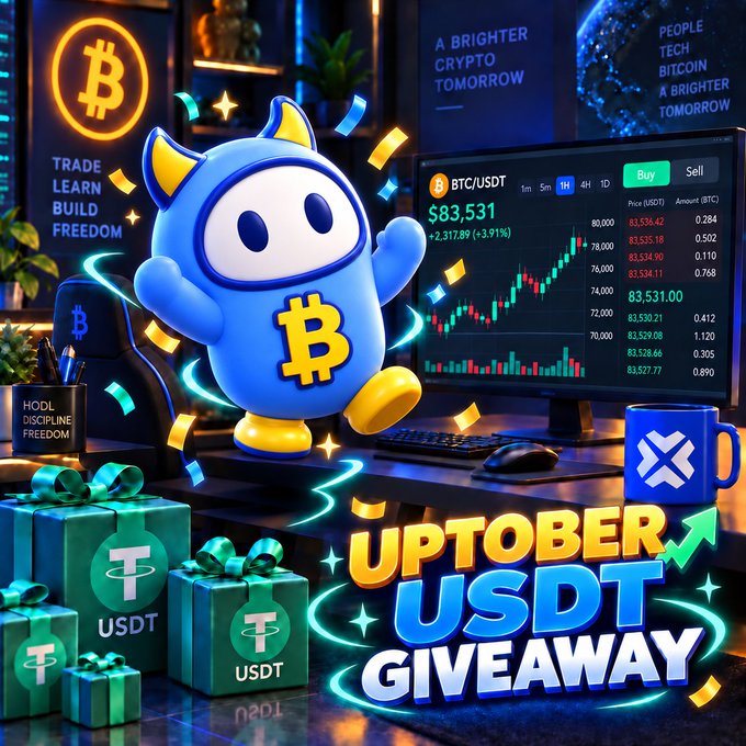 A promotional crypto graphic featuring a blue mascot with a Bitcoin symbol celebrating an 'UPTOBER USDT GIVEAWAY', showing BTC/USDT trading charts at $83,531 alongside wrapped USDT gifts.
