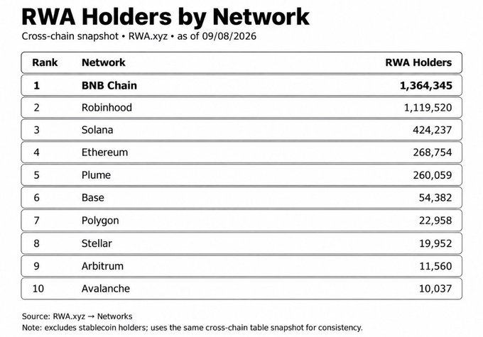 A data table titled 'RWA Holders by Network' from RWA.xyz dated 09/08/2026, ranking networks with BNB Chain in first place (1,364,345 holders), followed by Robinhood, Solana, and Ethereum.