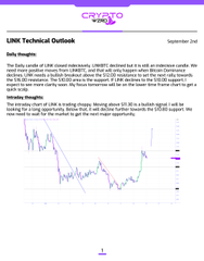 A webpage showing 'LINK Technical Outlook' with daily insights about Chainlink, accompanied by a price chart showing a downward trend.