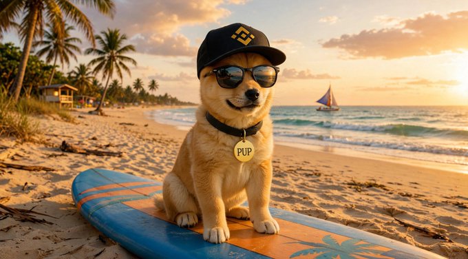 A smiling dog wearing a black cap with a gold "B" logo and a "PUP" name tag sits proudly on a blue and orange surfboard, sunglasses on, ready to ride the waves against a golden tropical sunset. The pup's beach-ready look perfectly captures the carefree spirit of catching some waves.