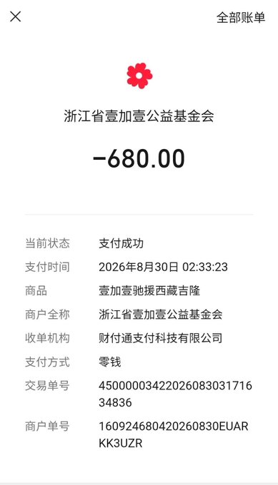 A Chinese payment receipt showing a -680.00 donation to 浙江省壹加壹公益基金会 (Zhejiang One Plus One Public Welfare Foundation) dated August 30, 2026.