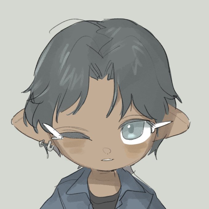 A digital illustration of an anime-style character with short dark gray hair, pointed elf-like ears, and a winking expression, wearing a dark blue collared jacket.