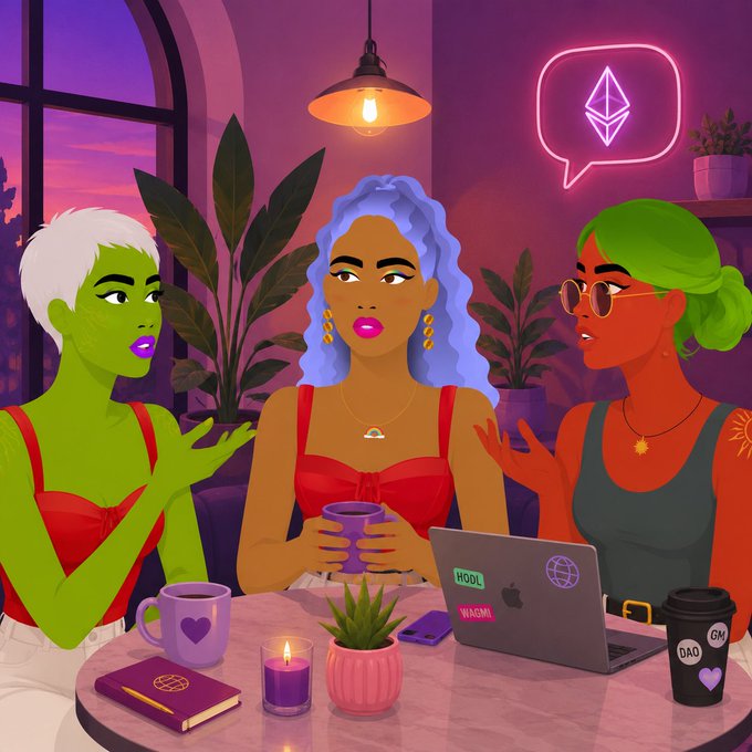 A vibrant digital illustration of three women (green, orange, and red-skinned) sitting at a cafe table with a laptop displaying an Ethereum (ETH) logo in a neon speech bubble above.