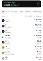 A mobile screenshot of a crypto app showing "Flexible Savings" with a USDT 8.26% APY offer, alongside a market overview of coins like AAVE, Z, SNX, PUMP, SOL, TUT, CAKE, and SUI, illustrating the broader crypto market context behind Florida's passing of a crypto bill with a 37-0 vote.