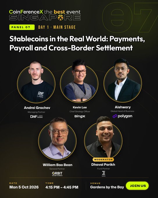A promotional poster for CoinFerenceX Singapore Panel 07 titled 'Stablecoins in the Real World: Payments, Payroll and Cross-Border Settlement' featuring speakers Andrei Grachev (DWF Labs), Kevin Lee (Bingx), Aishwary (Polygon), William Bao Bean (Orbit Ventures), and moderator Dhaval Parikh, scheduled for Mon 5 Oct 2026 at Gardens by the Bay.