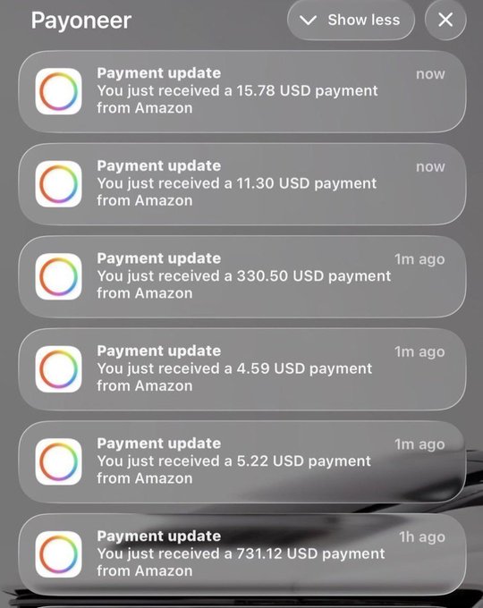 A Payoneer mobile notification screen displays multiple payment updates from Amazon for various amounts in USD, including 15.78, 11.30, 330.50, 4.59, 5.22, and 731.12 USD.