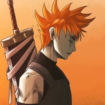 An anime-style illustration shows a side profile of a character with spiky orange hair, carrying a large sword on his back against an orange background.