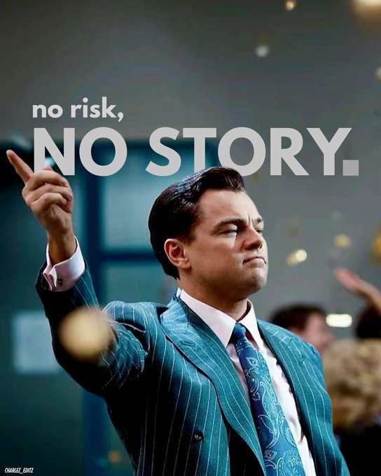 A man in a pinstriped suit points dramatically upward with a determined, scrunched expression, beneath the bold white text "no risk, NO STORY." The image's motivational message about embracing risk to create a compelling narrative aligns perfectly with the post's bullish, high-energy call to action for the $ROB Rich0BrokeSOL token.