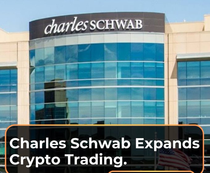 The exterior of a Charles Schwab office building with glass windows, overlaid with the headline 'Charles Schwab Expands Crypto Trading.'