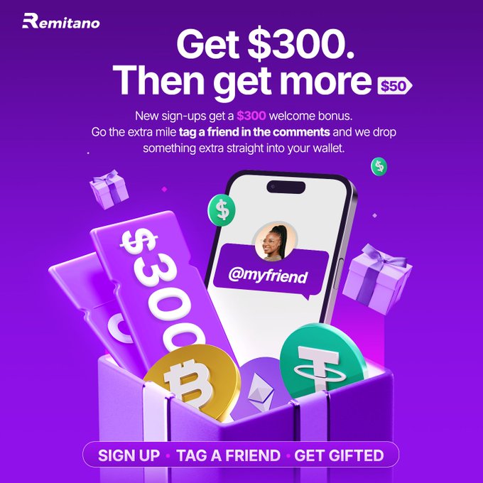 A vibrant purple Remitano promotional graphic advertises a "$300" welcome bonus with the headline "Get $300. Then get more $50," featuring a smartphone displaying "@myfriend," gift boxes, and cryptocurrency coins (Bitcoin and Tether), reinforcing the post's instructions to sign up, tag a friend in the comments, and receive extra rewards.