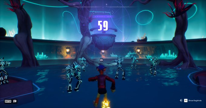 The image shows a man wearing a red shirt standing in front of a large number "59" with his arms outstretched, as if he's about to jump into an ocean or a pool filled with neon fish. The surrounding area appears to be a gaming environment, possibly from a video game like the one @OthersideMeta Hit LVL is launching.