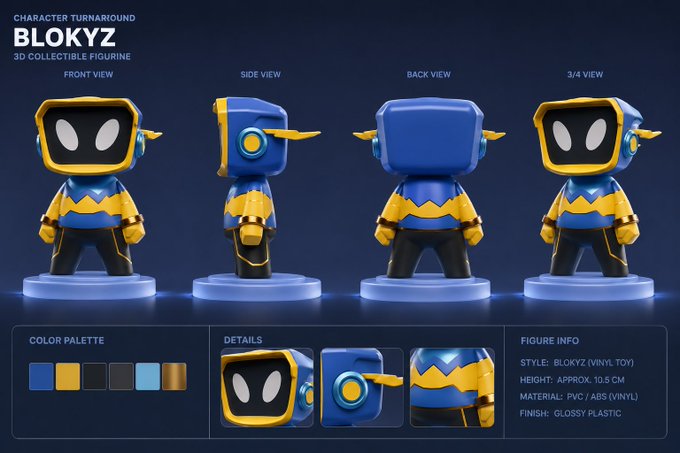 A character turnaround sheet for 'BLOKYZ', a 3D collectible figurine shown from front, side, back, and 3/4 views, featuring a blue and yellow robot with vinyl toy style and glossy plastic finish.