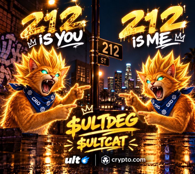 A vibrant digital artwork featuring two identical golden, lion-like cats with glowing blue eyes and 'CRO' bandanas pointing at each other, with '212 is you' and '212 is me' text, set against a nighttime city street sign background, branded with 'ult' and 'crypto.com' and the text '$ULTDEG $ULTCAT'.