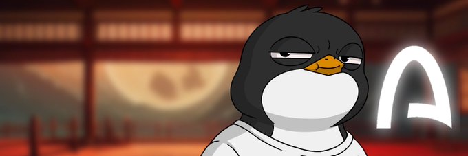A penguin character from Arc Penguins with a tired or unimpressed expression is displayed against a Japanese-style backdrop with a large glowing "A" logo beside it, matching the giveaway promotion for Arc Penguins spots.