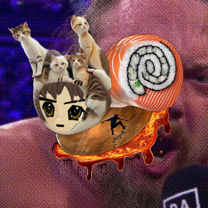 A surreal digital collage featuring kittens, an anime-style chibi head, a large salmon sushi roll, a skateboarder on a wooden board, and dripping sauce against a textured purple-orange background with a 'GM' watermark.