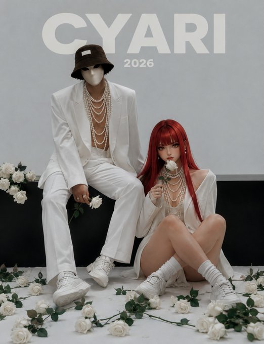 A promotional poster with 'CYARI 2026' text showing two stylish figures - a faceless mannequin in a white suit with pearl necklaces and a red-haired anime-style woman in a white outfit, surrounded by white roses.