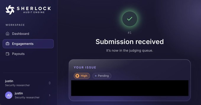 A screenshot of Sherlock Audit Engine shows submission #1 received in the judging queue for a High severity issue, matching the user's post about being the first participant to submit a potential bug to Sherlock's Audit Engine.