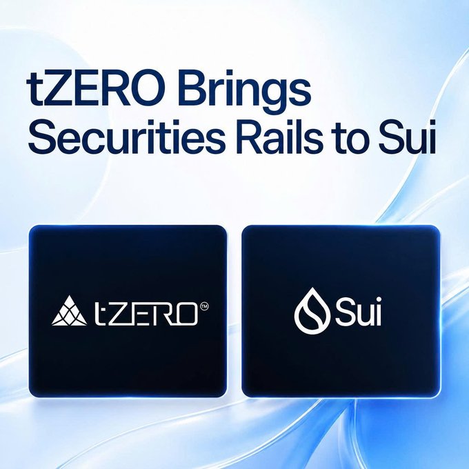 Promotional graphic announcing "tZERO Brings Securities Rails to Sui," featuring the tZERO and Sui logos on blue panels.