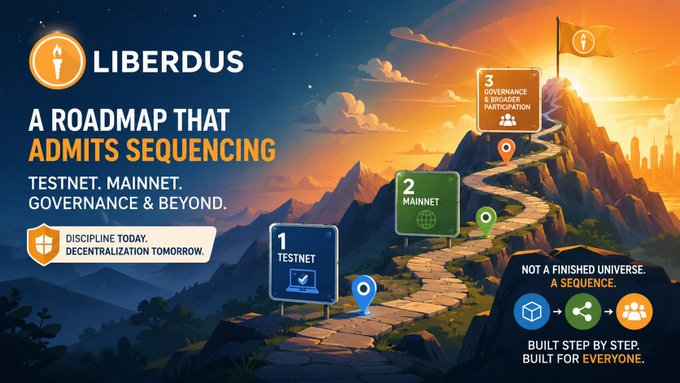A Liberdus roadmap graphic titled 'A ROADMAP THAT ADMITS SEQUENCING' showing three stages: 1 Testnet, 2 Mainnet, and 3 Governance & Broader Participation.