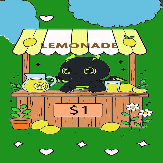 A cartoon illustration of a cute black dragon running a lemonade stand, with a yellow and white striped awning labeled "LEMONADE", a pitcher of yellow drink, a sign reading "$1", and lemons and flowers decorating the grass.