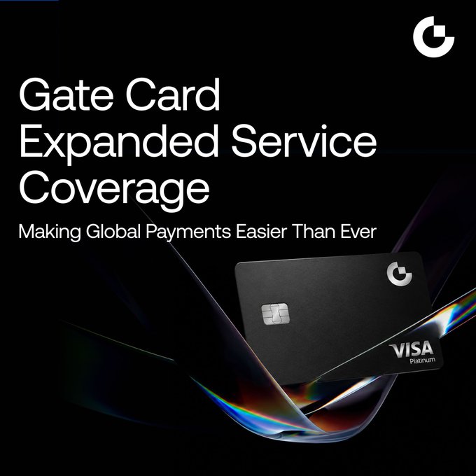 Promotional graphic for the upgraded Gate Card, a Visa Platinum crypto-linked card, with text "Gate Card Expanded Service Coverage — Making Global Payments Easier Than Ever," visually supporting the announcement of expanded spending capabilities and cashback rewards in $USDT and $GT.