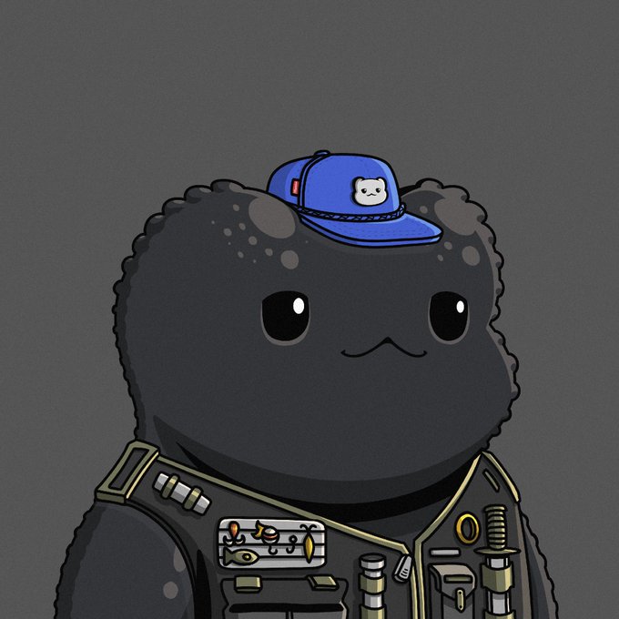 A cute black, fuzzy cartoon character with a smiling face wears a blue cap featuring a small bear logo, paired with a detailed utility vest adorned with gadgets, buckles, and a patch showing fish and aquatic designs. The character appears as a mascot for the "GM handsome" crypto giveaway post by @ApeChainHUB, fitting the playful "Degens" community vibe referenced in the caption.