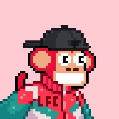 Pixel art illustration of a red monkey character wearing a black cap and a red 'LFC' (Liverpool FC) jersey, smoking a cigarette, set against a pink background.