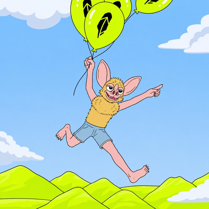 A furry, wild-eyed creature wearing denim shorts floats through the sky, holding a bunch of green balloons emblazoned with $LEASH logos, perfectly embodying the chaotic "onward hoodrat" energy of carefree, reckless ascent.