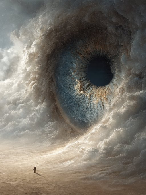 A dramatic digital artwork featuring a colossal, realistic eye formed entirely of swirling storm clouds and atmospheric haze, with a tiny silhouette of a person standing on a vast, barren plain in the foreground, gazing up at the phenomenon.