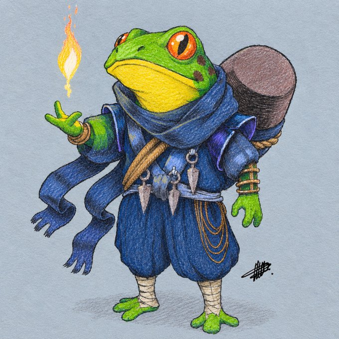 A colored pencil illustration of an anthropomorphic green tree frog dressed as a ninja or ronin in blue robes, holding a flame in one hand and carrying a large wooden barrel on its back.
