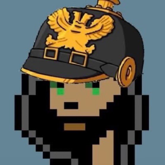 Pixel art character of a person with black hair and green eyes wearing an ornate black and gold military-style helmet with an eagle emblem.