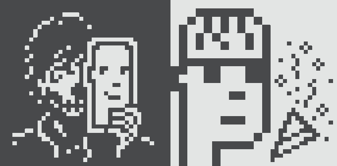 A pixelated black and white image showing two figures: on the left, a person holding up a framed pixel-art portrait, and on the right, a raised fist with a crown, surrounded by smoke. The stylized artwork appears to be a CryptoPunk-style NFT celebrating someone's success in acquiring the digital collectible, aligning with the post's congratulatory message about getting a "Punk" (a popular NFT) in their wallet.