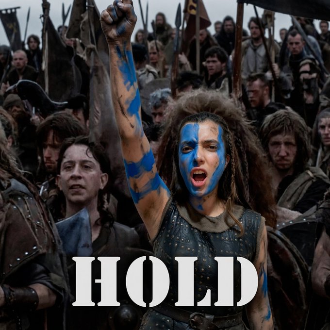 The image features a woman with blue face paint standing in front of a crowd of people dressed in medieval clothing. The word "Hold" is written in white text above her head, while the phrase "Good time to sleep, Gn to all who are now sleeping, hold the trenches strong while I sleep, hold the lines Don'T forget, he who doesn't have a diamond hand is gay" is also present in the image. The woman's raised fist and the crowd of people with swords suggest that they might be participating in a reenactment or a medieval-themed event.