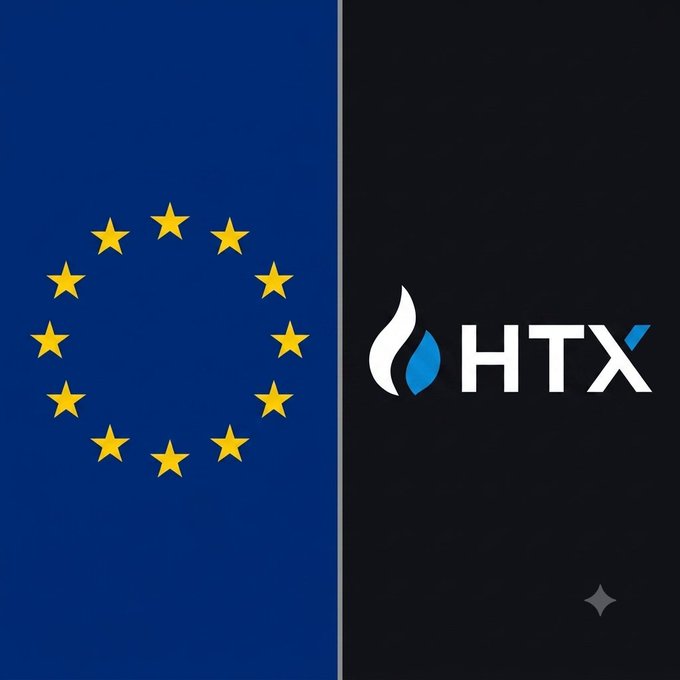 The image is split, showing the European Union flag on the left and the HTX cryptocurrency exchange logo on the right, visually representing the EU's inclusion of HTX in its latest sanctions package against Russia as noted in the post.
