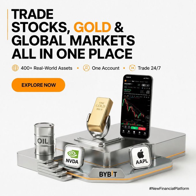 An advertisement for Bybit promoting 'TRADE STOCKS, GOLD & GLOBAL MARKETS ALL IN ONE PLACE' with features like 400+ Real-World Assets, One Account, and 24/7 trading, featuring imagery of a gold bar, oil barrel, and smartphone showing the trading app.