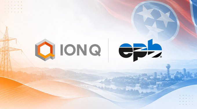 A promotional graphic featuring the logos of IonQ and EPB, with a Tennessee state flag, power lines, and a cityscape (likely Chattanooga) in the background.