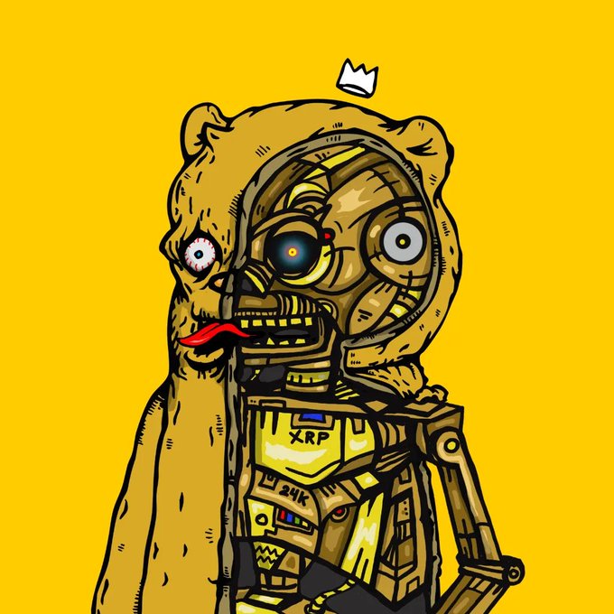 A grotesque illustration shows a half-bear, half-robot cyborg with exposed yellow mechanical parts, mismatched eyes, a lolling red tongue, and a small crown floating above its head against a yellow background. The robot's body bears the text "XRP" and "24K," symbolizing the gold-standard status and wealth associated with holding Ripple (XRP) tokens, tying into the post's boast about having a "DAF" (Decentralized Autonomous Fund) tied to the $BCHAMP token.