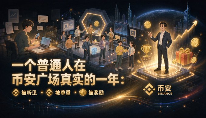 A Binance promotional banner showing illustrated figures in a digital cityscape with Chinese text translating to 'A real year for an ordinary person on Binance Square,' highlighting being heard, respected, and rewarded.