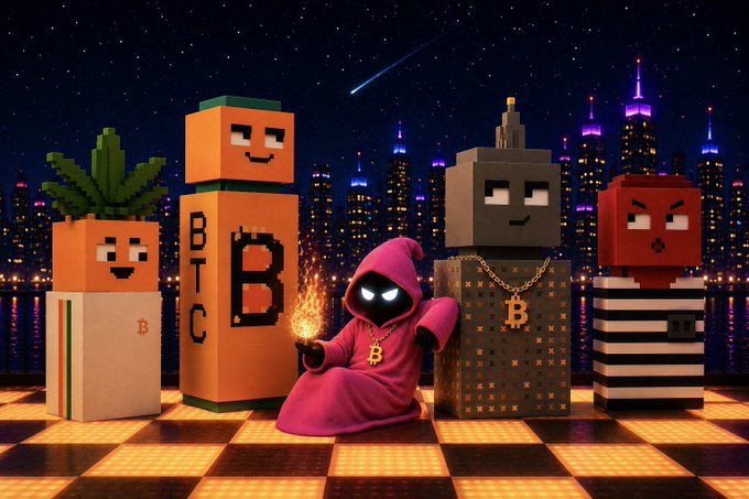 A stylized 3D illustration featuring blocky cryptocurrency-themed characters (including Bitcoin, Binance, Ethereum, and Doge), a hooded figure in pink with a 'B' necklace, and a lit match, set against a nighttime cityscape.